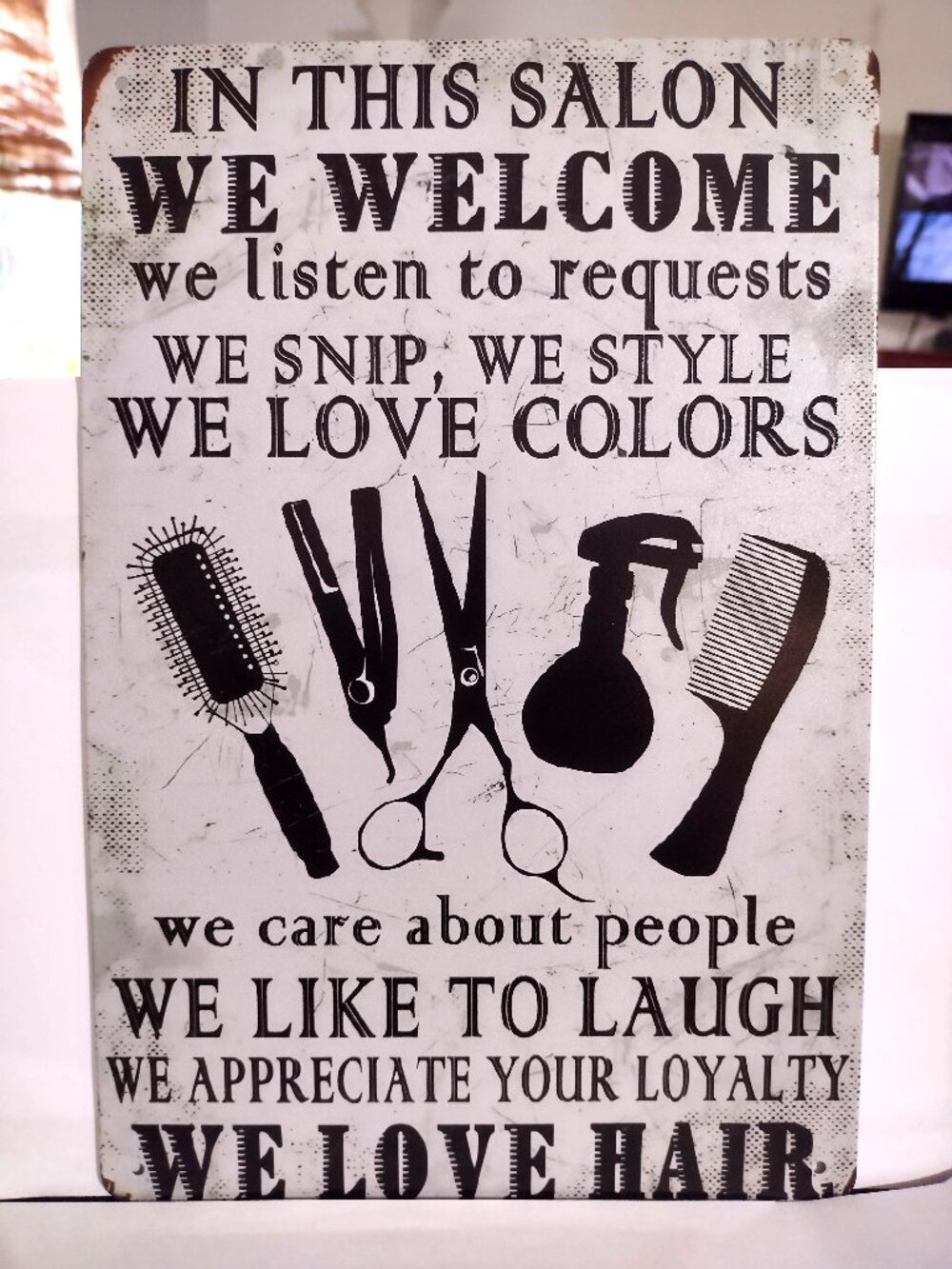 Metal Sign Salon Beautician Laugh Loyalty Colors Style Flat Iron Scissors Brush